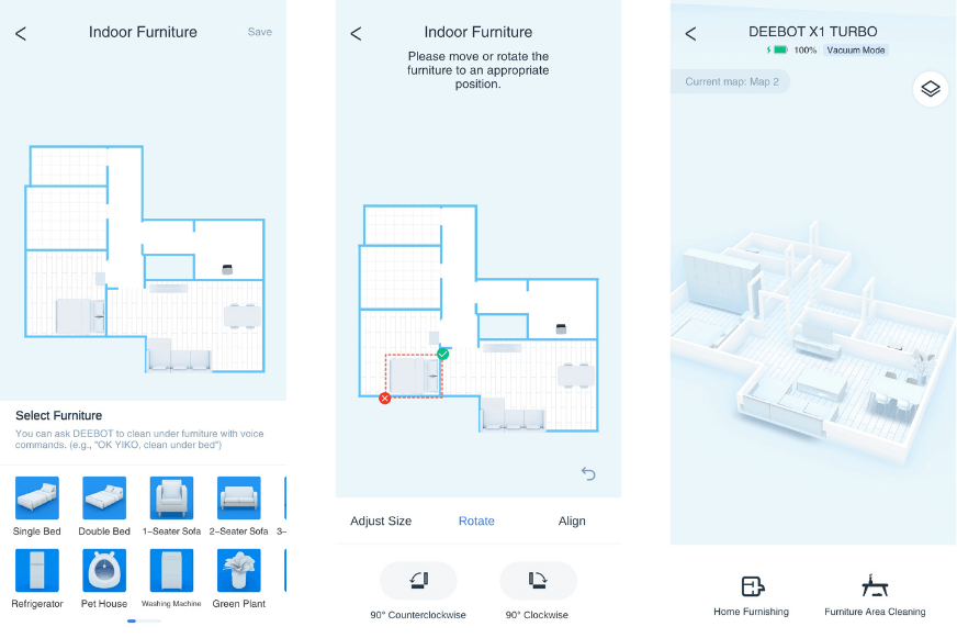 Möbelstücke werden in der Wohnungskarte des Ecovacs Deebot X1 Turbo platziert